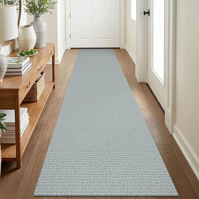 EARTHALL Washable Runner Rug 2x8 Ft Non Slip Runners for Hallways Cotton Rubber Backed Kitchen Runner Braided Indoor Floor Carpet Runners for Entryway, Hallway, Kitchen, Bedroom, Turquoise/Gray