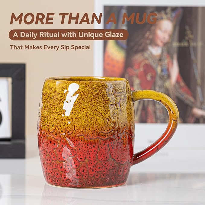 Handmade 22oz Ceramic Coffee Mug, Ergonomic Large Handle, Ideal Gift for Coffee Lovers, Microwave & Dishwasher Safe (Bas-Relief - Yellow&Red)