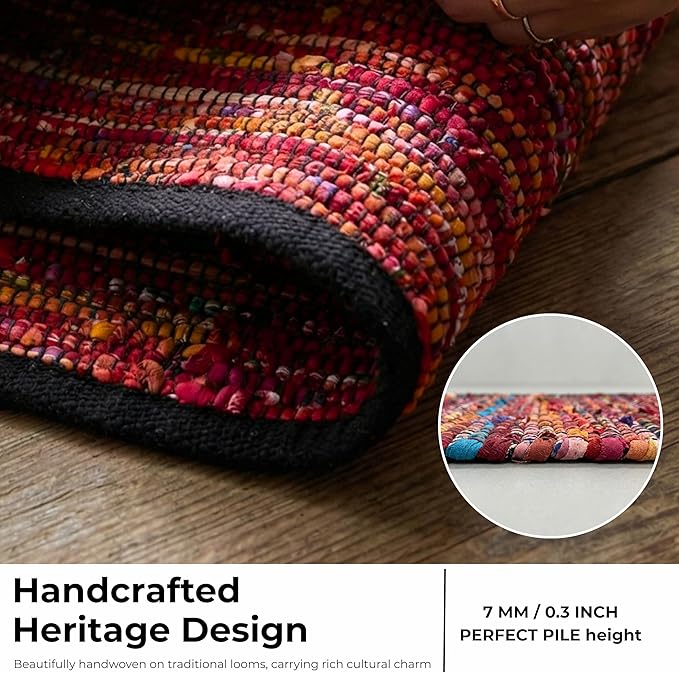Cotton Hand Woven Area Rug 2x3 Feet - Multi, Colorful Durable Small Bohemian Decorative Rag Rugs Ideal for Entryway, Kitchen, Bedroom | Red Farmhouse Reversible Soft Door Way Floor Mat for Balcony