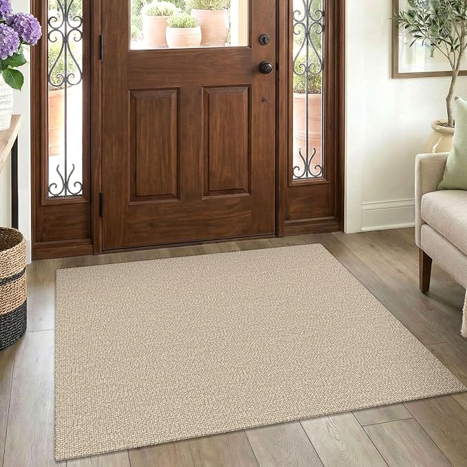 EARTHALL Washable Area Rug 3x4 Ft Non Slip Rugs for Entryway Braided Rubber Backed Throw Rugs Door Mat Indoor Outdoor Entrance Cotton Woven Rug for Kitchen Foyer Front Door Living Room, Send/Beige