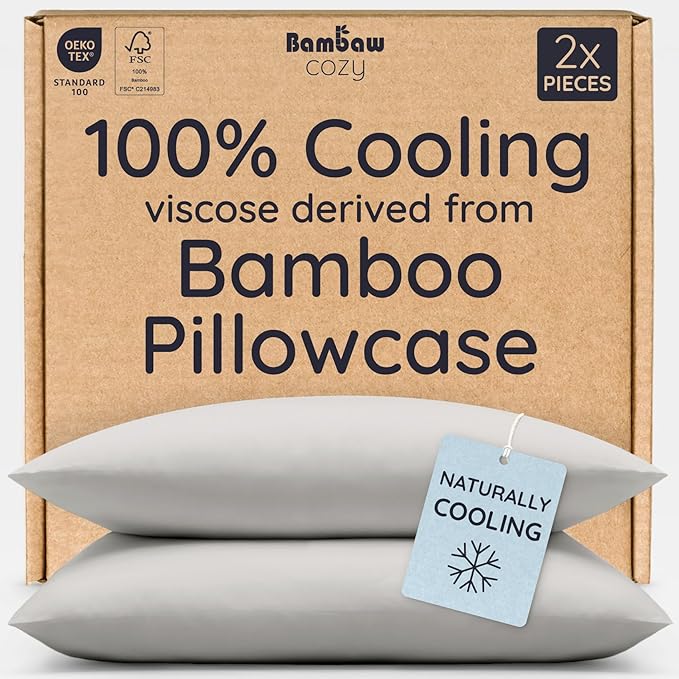 Bambaw 100% Viscose Derived from Bamboo Pillowcases Standard Size – Set of 2 Cooling Pillow Cases Standard Size, Super Soft Pillow Cases with Envelope Closure, Anti Acne Pillow Case (Moonlight Gray)