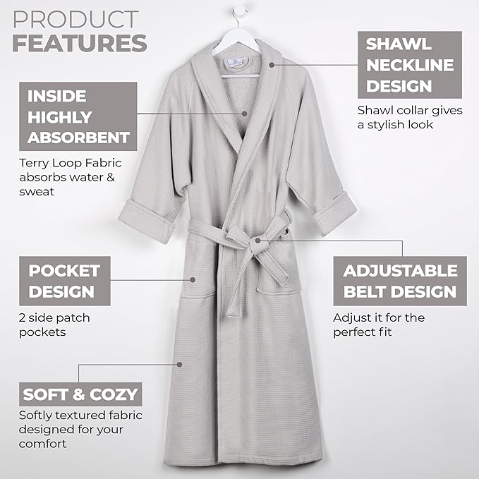 Superior Waffle Weave Cotton Unisex Bathrobe with Belt, Soft and Absorbent Robe for Men and Women Bath Essentials Robes