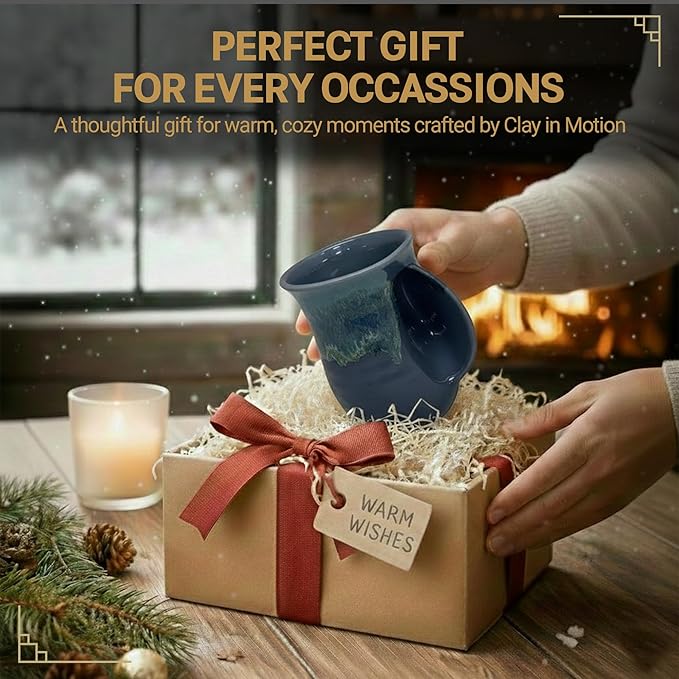 Clay in Motion Hand Warmer Coffee Mug – Handmade Coffee Mug With Comfortable Handle Contoured Pocket Hand Warming Ceramic Coffee Mug – Proudly Made in USA – Right Handed – 14 Oz - Stormy Night