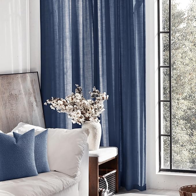 Navy Blue Curtains 86 inch Length for Bedroom Back Tab Light Filtering Semi Sheer Blue Living Room Curtains Linen Cotton Textured Indigo Blue Drapery Panel Modern Farmhouse Aesthetic Decor Dark Blue