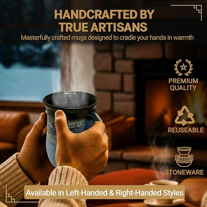 Clay in Motion Hand Warmer Coffee Mug – Handmade Coffee Mug With Comfortable Handle Contoured Pocket Hand Warming Ceramic Coffee Mug – Proudly Made in USA – Right Handed – 14 Oz - Pacific Chill