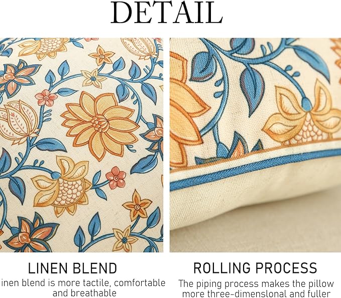 ISAENNE Design Square Simple Elegant Linen Throw Pillow Covers 18"x18" Pack of 2, Blue Yellow Floral Pattern Cushion Covers Decor Pillowcases for Bed,Living Room,Outdoor,Car