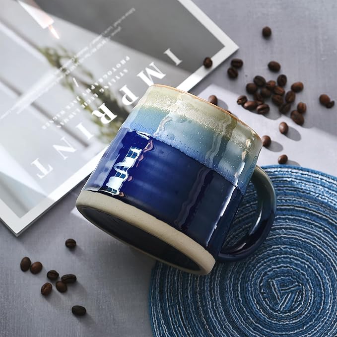 fMBB Large Ceramic Coffee Mugs, 13oz, Tea/Coffee Cups, Large Handle & Wide Bottom Coffee Mug, Transmutation Glaze, Hand Painted Mug, for Home or Office, Microwave and Dishwasher Safe, Blue Tone