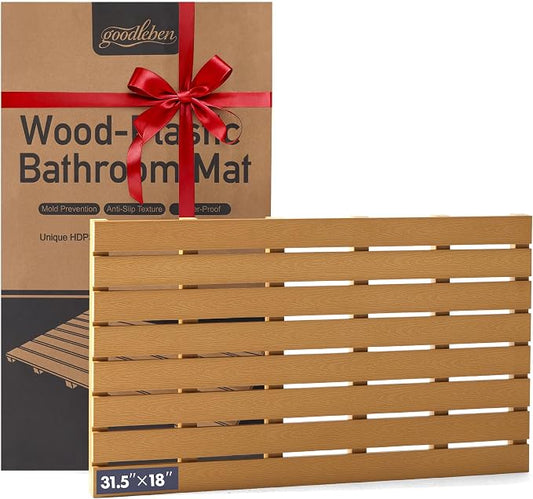 Bamboo-Design Bath Mat, Heavy Duty HDPS Plastic, 31.5"x18", 400lb Support, 100% Waterproof & Fadeproof, Superior to Real Bamboo for Bathroom Shower Spa Sauna Poolside Outdoor (Bamboo Color)