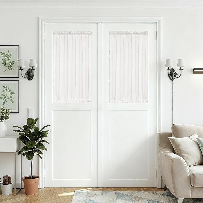 French Small Door Window Curtains 2 Panels Semi Sheer Ivory White 25 x 40 Inches Long Curtains Linen Privacy Front Back Door Curtain Rod Pocket for Kitchen Bedroom Half Curtain Light Filtering