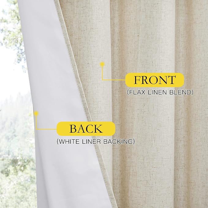NICETOWN Natural Full Blackout Back Tab Linen Curtains 84" Long 2 Panels, Boho-Chic Thick Linen Blend Drapes for Bedroom, Thermal Insulated Window Covers with White Backing for Cafe Bar (42" Wide)