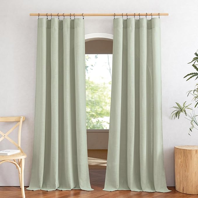 NICETOWN Sage Green Curtains for Living Room, Rod Pocket & Back Tab Natural Linen Blend Semi Sheer Window Treatments Privacy with Light Filtering for Bedroom/Nursery, W52 x L84, 2 Panels