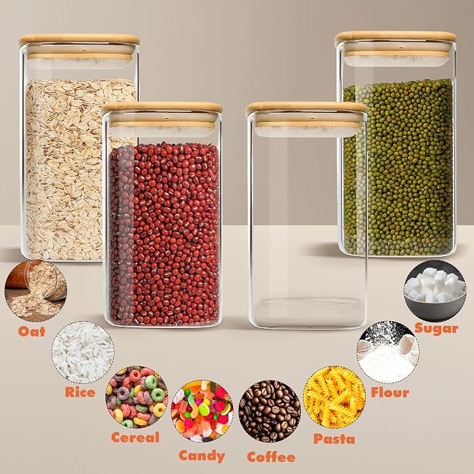 Glass Storage Containers with Airtight Bamboo Lids Set of 3,Pantry Food Glass Jar with Lid,Perfect for Kitchen Organization-Flour,Rice,Pasta,Sugar,Coffee Beans,Accessories Included (3 packs(68oz))