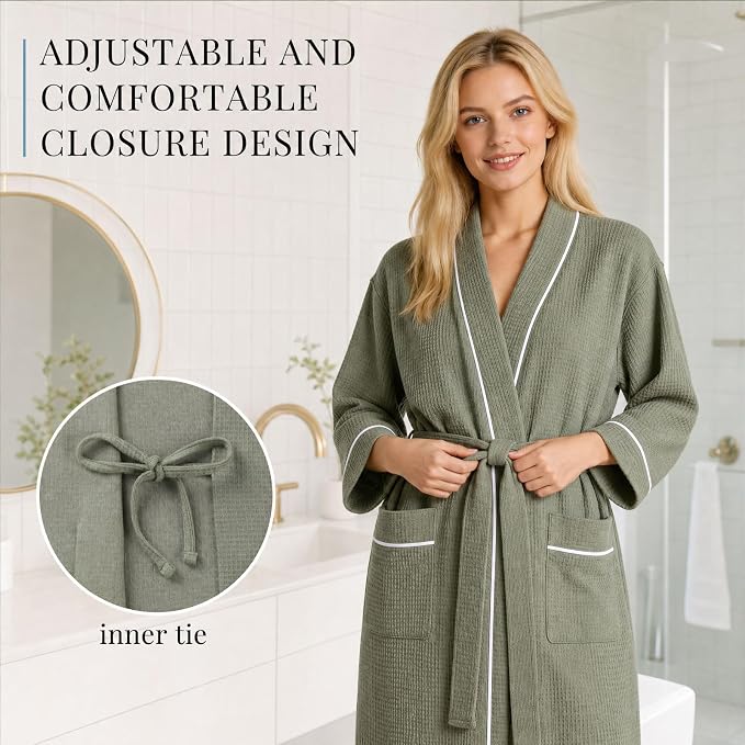 Inner Wish Women's Cotton Waffle Kimono Robe, Lightweight Quick Dry Spa Shower Robe with Pockets