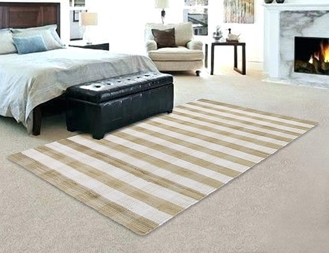 GLAMBURG Cotton Reversible Area Rug 3' x 5' Farmhouse Floor Mat, Handwoven Washable Carpet Checkered Plaid Rug for Front Porch Living Room Kitchen Bedroom - Beige Natural