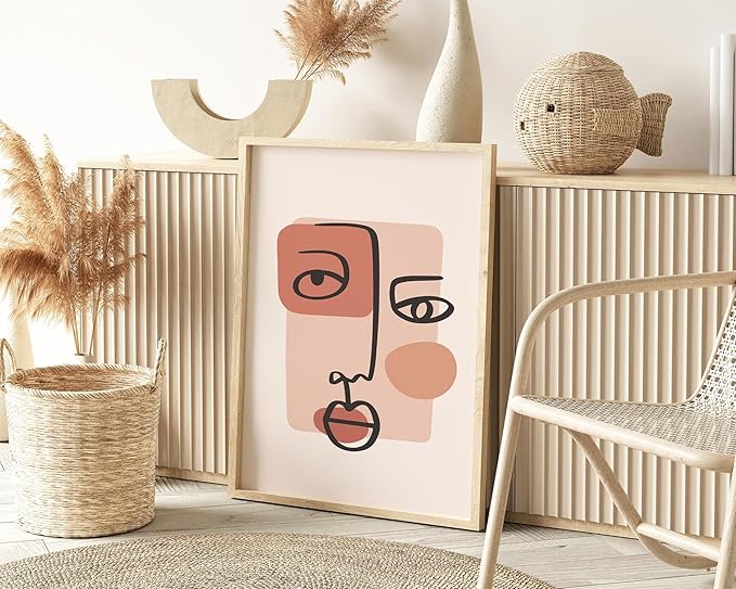 Abstract Face Wall Art Continuous Line Drawing Organic Shapes Earth Tones Terracotta Mid Century Modern 24x36 Inch Oak Wood Beige Framed Minimalist Portrait for Bedroom Decor