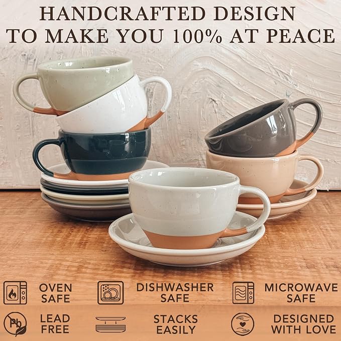 MORA Ceramic Latte Art Mug With Saucer - 10.5 oz, Round Bottom For Perfect Pours - Cafe Cups for Cappuccino, Espresso, Coffee, Tea etc - Porcelain Set for Baristas, Great Gift - Earl Grey