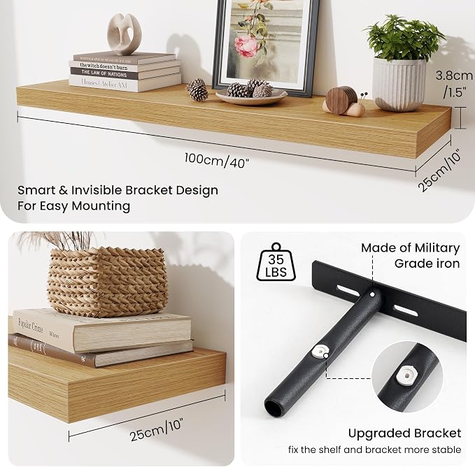 Fun Memories Floating Shelves Set of 3, 40 Inch Long Wooden Wall Shelves, 10 Inch Deep Wall Mounted Storage Shelf with Metal Brackets for Living Room, Bathroom, Bedroom and Kitchen, Oak