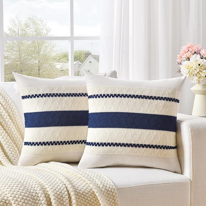 Fancy Homi Set of 1 Navy Blue Decorative Throw Pillow Covers 16x16 Inch for Couch Bed Sofa Living Room Office, Aesthetic Modern Organic Farmhouse Home Decor, Soft Cotton Woven Textured Cushion Case