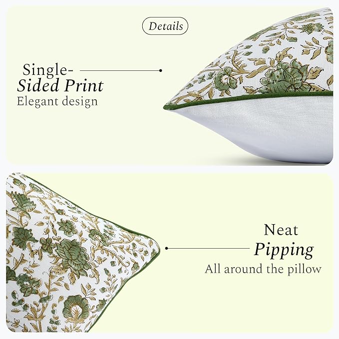 CPC Vintage Garden Green Block Print Throw Cushion Cover 20 x 20 Inch Set 2 - Decorative Boho Floral Pillow Case for Living Room, Bed, Sofa, Couch, Home Decor Gift for Spring, Mother's Day