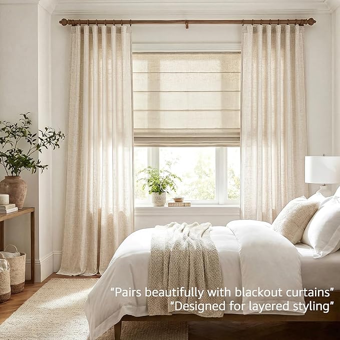 jinchan Beige Linen Blend Curtains 96 Inches Length 2 Panels Floor to Ceiling Curtains for Bedroom Living Room, Semi Sheer 50 Inches Wide Natural Farmhouse Drapes Rod Pocket Back Tab (50W x 96L, Ecru)