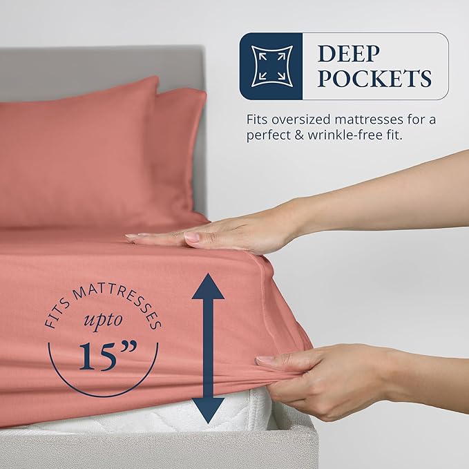 LANE LINEN King Size Fitted Sheet, 100% Organic Cotton, 3-Piece Set (1 Fitted Sheet,2 Pillowcases), Percale Weave, Ultra Soft, Breathable,Fits Mattress Upto 15" Deep - Rose Dawn (No Flat Sheet)