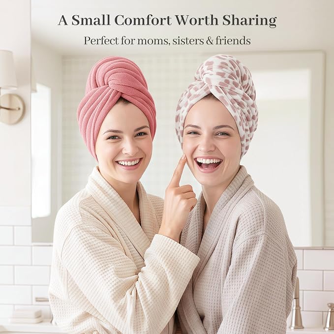 ROLSHOL Cotton Hair Towel Wrap for Women, 2 Pack 100% Cotton Hair Drying Towels for Long, Thick & Curly Hair, 32" x 11" Large Hair Turban for Wet Hair with Elastic Band (Pink Leopard Print)