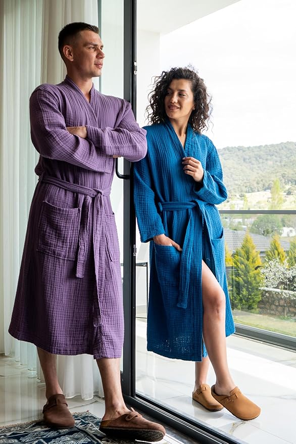 Muslin Unisex Bathrobe Women & Men, 100% Cotton Kimono Lightweight Robe | Long Robes Soft, Absorbent, Spa robes
