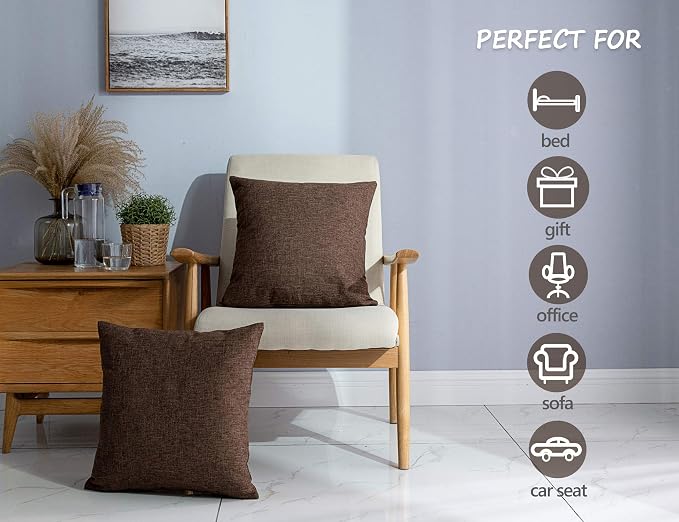 Stellhome Pack of 2 Linen Throw Pillow Covers Solid Fall Decorative Cushion Covers Pillowcase for Home Decoration, 16x16 Inch, Brown
