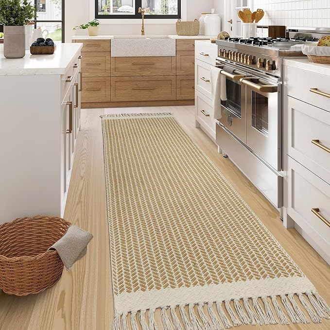 Lahome Belle Boho Laundry Room Rug, 2x7 Runners for Hallways Lightweight Entry Woven Cotton Runner Rug with Tassels, Farmhouse Non Shedding Washable Rugs Low Pile Runner for Kitchen Bathroom, Khaki