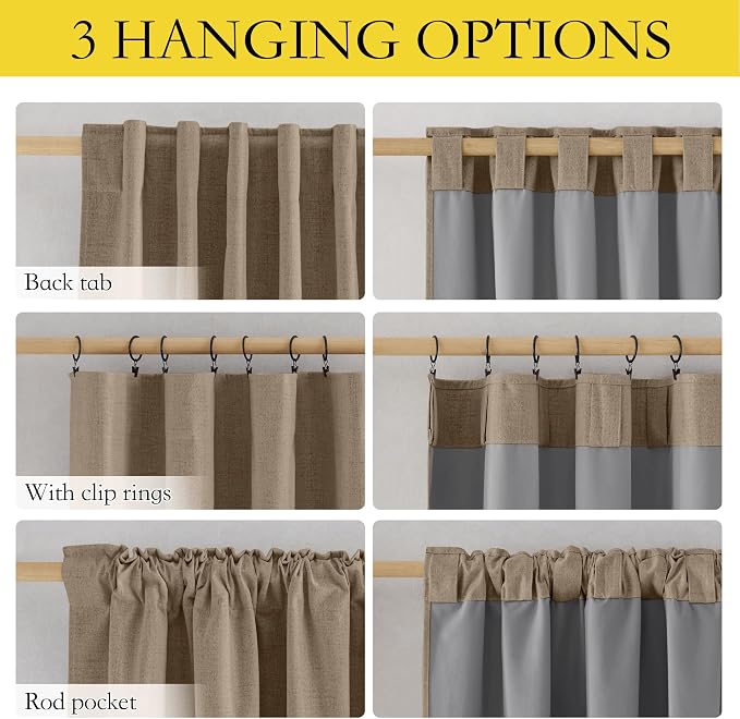 NICETOWN Linen Full Blackout Curtains 52 x 80 inch Panels, Full Bedroom Light Blocking, Thick Linen Blend Rod Pocket & Back Tab Draperies with Liners for Home Theater(Set of 2, Burlap)
