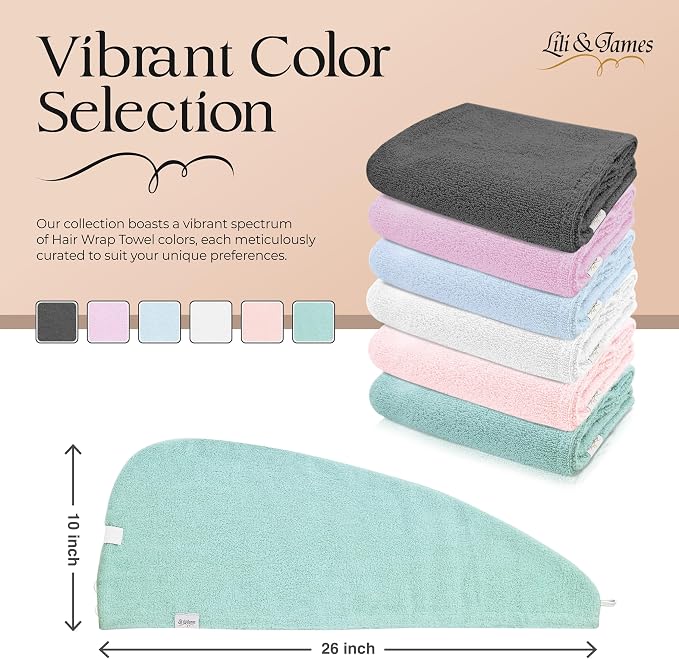 Lili&James 100% Cotton Hair Towel Wrap for Women & Kids – 420 GSM Quick Dry Hair Turban with Double Button Loop, Anti Frizz Non Microfiber Hair Drying Towel for Curly, Long & Thick Hair (White+Aqua)