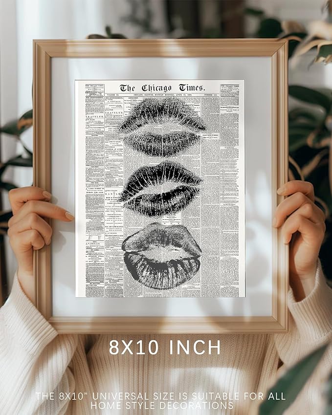 Vodefoad Trendy Newspaper Kiss Lips Wall Art Canvas Prints Disco Poster for Teen Girly Bedroom Apartment Vintage Black & White Newspaper Wall Dec Bar Cart decor -8x10 Unframed
