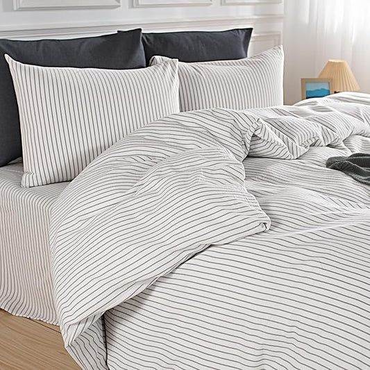 NEXHOME PRO Striped Duvet Cover Twin Size,100% Washed Cotton Bedding Set,Textured Linen Feel,Breathable,Organic,2 Piece(Grey Stripes 68x90)