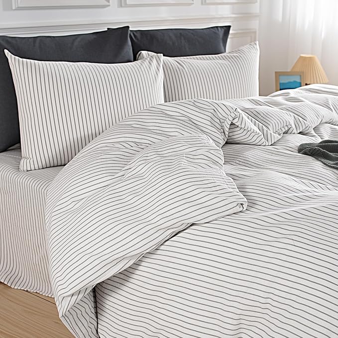 NEXHOME PRO Striped Duvet Cover Oversized King,100% Washed Cotton Bedding Set,Textured Linen Feel,Breathable,Organic,3 Piece(Grey Stripes 120x98)