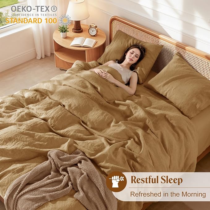 LBRO2M 100% France Linen Duvet Cover Set 3 Pcs Including 1 Flax Comforter Cover with Zipper Closure, 2 Pillowcase, Cozy Duvet Cover Queen Size, Rust