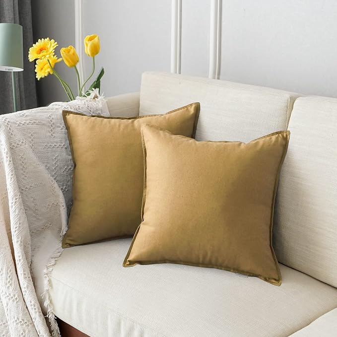 Jeanerlor Pack of 2 24 x 24 Inch Cotton Linen Soft Soild Decorative Square Throw Pillow Covers Green Cushion Case Set for Bedroom/Sofa/Car 60 x 60 cm,Earth Yellow