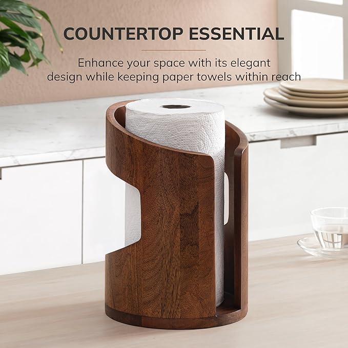 Anji Mountain Wooden Paper Towel Holder Countertop with Mango Wood Round Base and Iron Holder, Holder Stand for Kitchen Roll Organizer & Kitchen Dining Table Home Decor - Walnut/Black, Arc Hold
