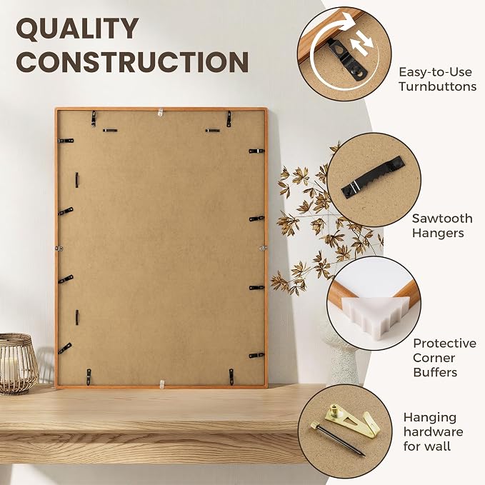 24x30 Poster Frame, USA-Sourced Teak Wood Frame Wall Mounted, 24x30 Picture Frame with Real Glass, 24 x 30 Picture Frame Matted to 18x24 Photo for Vertical & Horizontal Hanging, 1 Pack