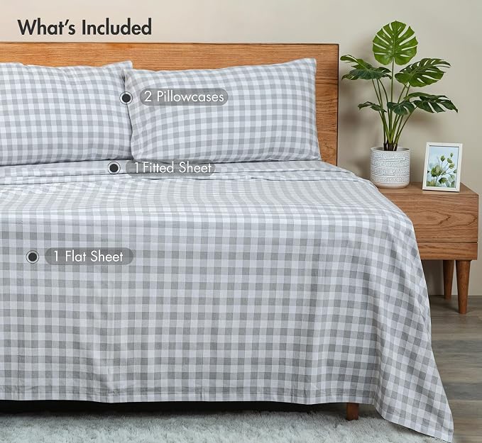 RUVANTI Flannel Sheets Full Size - GOTS Certified 100% Organic Cotton, 4 Piece Warm, Soft & Breathable Set, Deep Pocket Snug Fit, Double Brushed Cozy All Season Bedding, Open Gingham