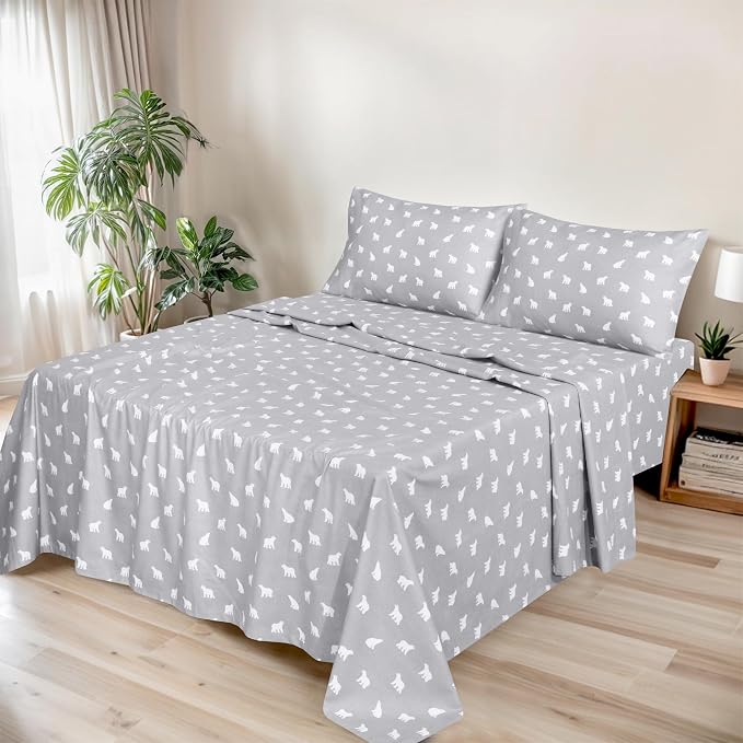 RUVANTI Flannel Sheets Full Size - GOTS Certified 100% Organic Cotton, 4 Piece Warm, Soft & Breathable Set, Deep Pocket Snug Fit, Double Brushed Cozy All Season Bedding, Baby Bear