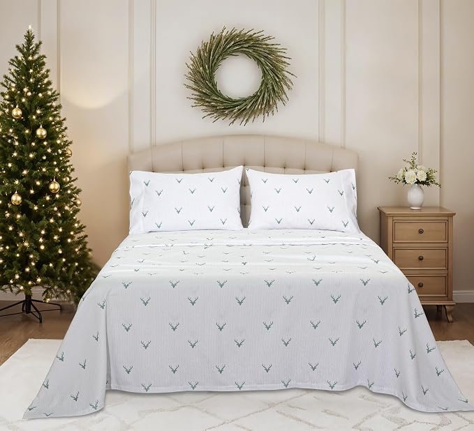 RUVANTI Flannel Sheets Queen Size - 100% Cotton Double Brushed Bed Sheets, Deep Pockets 16 Inches Queen Sheet Set, All Seasons Breathable & Extra Soft - Warm & Cozy, 4 Piece, Stag Synphony