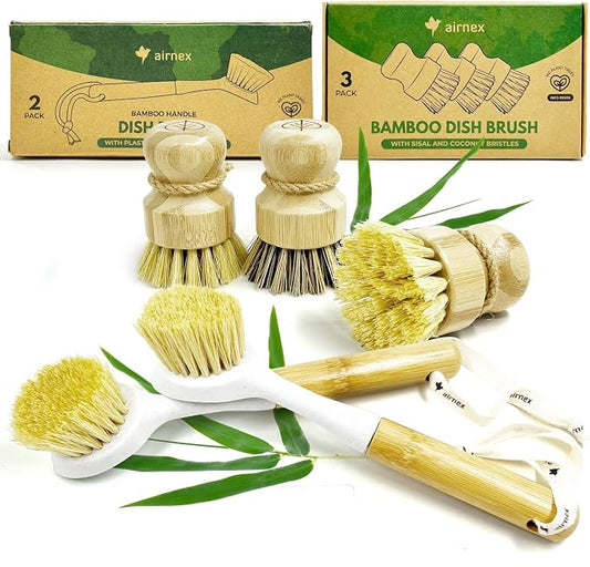 AIRNEX Bamboo Dish Brush Set - 3 Pack Sisal & Coconut Medium and Hard Bristles & 2 Pack Dish Brushes with Handle - Non-Scratch, Odor-Free, Quick-Drying Kitchen Scrubbers for Dishes, Pans, Pots & Sink