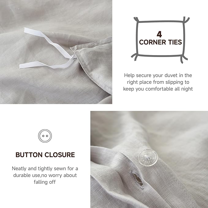 100% Linen Duvet Cover Set, 3 PCS Natural French Flax Light Grey Duvet Cover King Size, Breathable Soft Comfy Linen Bedding Comforter Cover with 2 Pillowcases(Light Grey, 104" x 92")