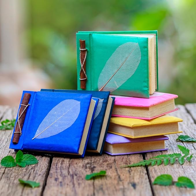 NOVICA Purple Pink Green Yellow Recycled Natural Fiber Notebooks With Rice Paper, 'Happy Leaf' (Set Of 6)