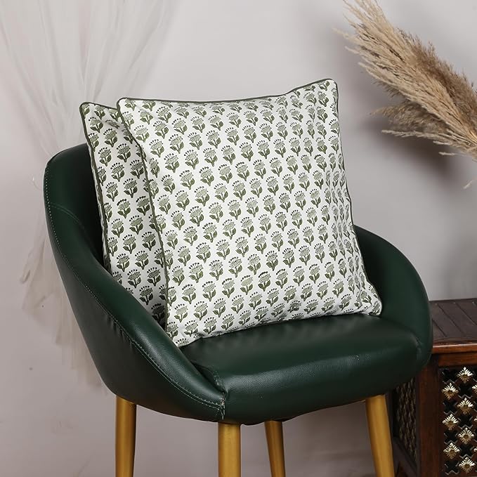 SheetKart Pure Cotton Throw Pillow Covers - Set of 2 - Hand Block Pure Cotton Printed Boho Decorative Pillow Covers - Cushion Covers for Living Room, Bohemian Theme, 18 x 18 Inches, Olive Petal