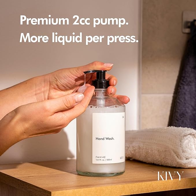KIVY Glass Soap Dispenser Set [INCL. Waterproof Labels] - Glass Soap Dispenser with Pump - Hand Soap and Dish Soap Set - for Kitchen, Shower & Bathroom - Refillable (2X 16oz)
