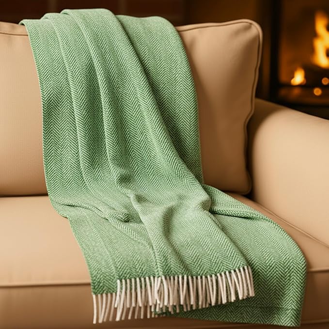 Biddy Murphy Irish Merino and Cashmere Wool Throw Blanket, Made in Ireland, Heirloom Quality, 54" x 71", Green Herringbone Pattern