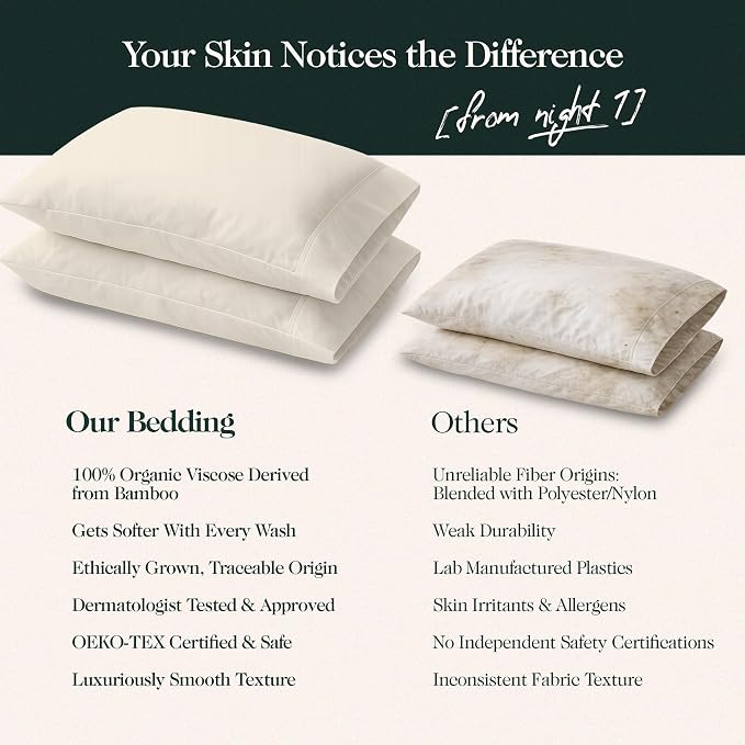 100% Organically Grown Bamboo Viscose Queen Pillowcases Set of 2, Cooling & Breathable, Silky Soft, Double-Stitched with 7-Inch Envelope Flap, Skin Friendly 2 Pcs, Ivory