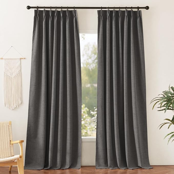 RYB HOME Pinch Pleated Back Tab Curtains Linen Textured 100% Blackout Curtains Thermal Insulated for Bedroom Living Room Bay Window Drapes, W 42 x L 90 inches, Grey, 2 Panels