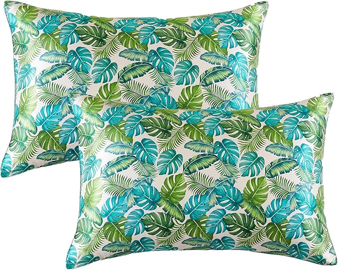 THXSILK Set of 2 Natural Mulberry Silk Pillowcase for Hair, Skin, and Sleep, Monstera Print, Standard Size(20"x26")